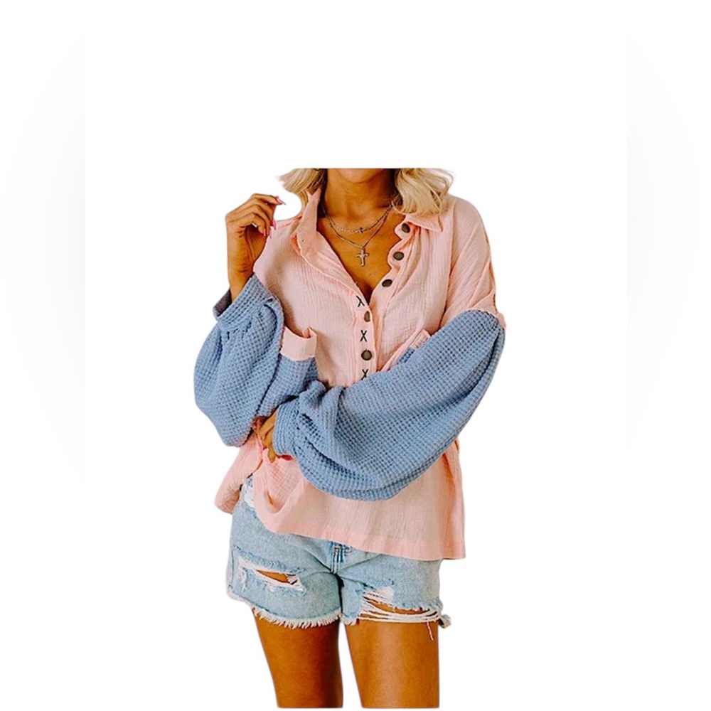POL  Cotton Gauzy Style Buttonfront Loose Fit Pink Button-Up Waffle Knit Top - Picture 9 of 10